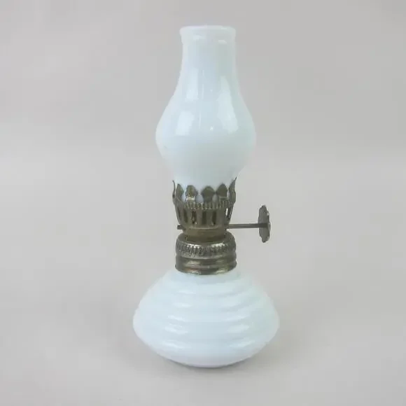Antique Miniature Oil Lamp White Milk Glass Chimney & Beehive Base 4.5 Tall